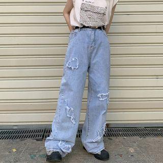 Straight Wide Leg Frayed Jeans