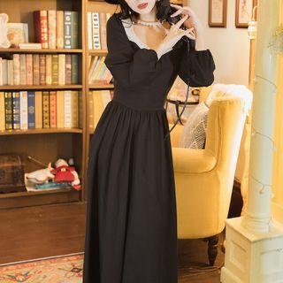 Puff-sleeve Lace Trim Midi A-line Dress