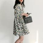 3/4-sleeve Puff-sleeve Floral Print A-line Dress