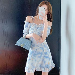 Cold-shoulder Tie-dyed A-line Dress / Spaghetti-strap Dress