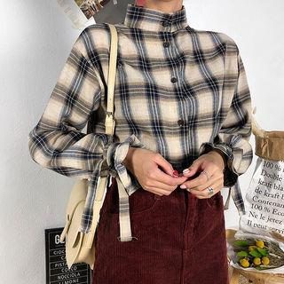Stand-collar Tie-sleeve Plaid Blouse