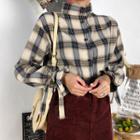 Stand-collar Tie-sleeve Plaid Blouse