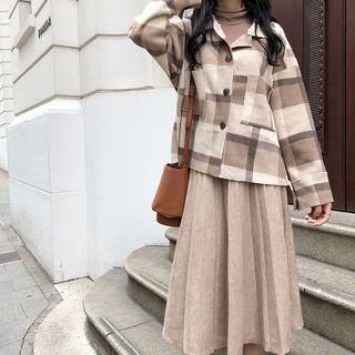 Plaid Long-sleeve Woolen Button Jacket / Pleated A-line Maxi Skirt