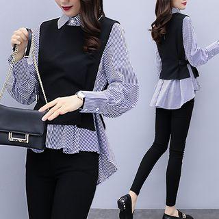 Long-sleeve Striped Shirt / Vest / Skinny Pants / Set
