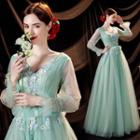 Long-sleeve Flower Embroidered A-line Evening Gown