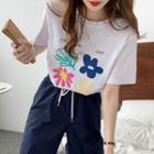 Round-neck Flower Printed Short-sleeve Top