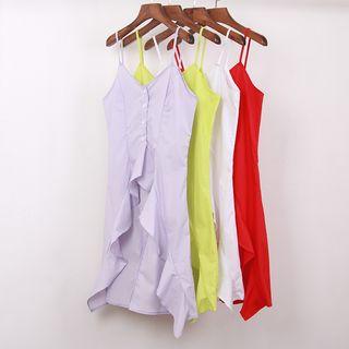 Spaghetti Strap Frill-trim Asymmetric Hem Dress