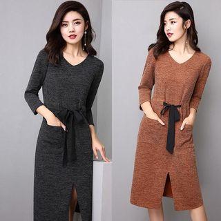 3/4 Sleeve V-neck Drawcord Slit-front Dress