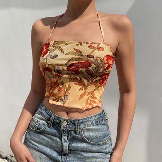 Halter Neck Flower Printed Mesh Tank Top