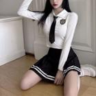 Long-sleeve Polo Collar Embroidered Cropped T-shirt / Striped Mini Pleated Skirt / Set