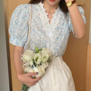 Puff Sleeve Floral Print Lace Trim Blouse