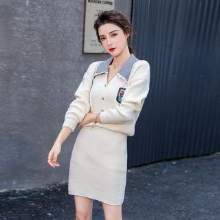 Set: Long-sleeve Collared Knit Top + Mini Pencil Skirt