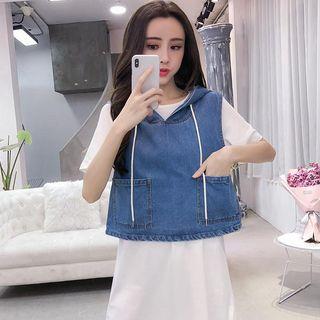 Set: Short-sleeve T-shirt Dress + Denim Hooded Vest