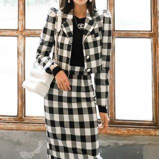 Set: Checked Single-breasted Cropped Blazer + Midi Straight-fit Skirt