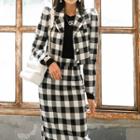 Set: Checked Single-breasted Cropped Blazer + Midi Straight-fit Skirt