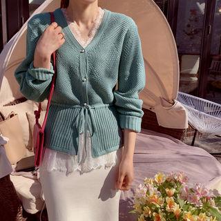 V-neck Faux-pearl Drawstring-waist Cardigan