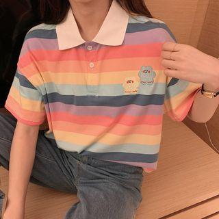 Bear Embroidered Striped Short-sleeve Polo Shirt