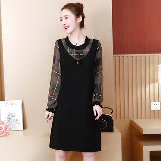 Long-sleeve Plaid-panel A-line Dress