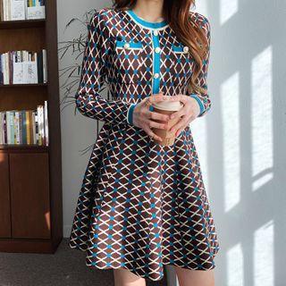 Faux-pearl Patterned Flared Knit Dress Brown - One Size