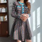 Faux-pearl Patterned Flared Knit Dress Brown - One Size