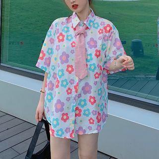 Set: Elbow-sleeve Floral Shirt + Tie