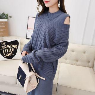 Set : Open Shoulder Long-sleeve Top + Midi Skirt