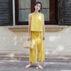 Set: Plain Sleeveless Top + Crop Wide Leg Pants Curcumin - One Size