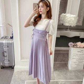 Set: Puff-sleeve Top + Accordion Pleat Midi A-line Jumper Skirt