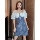 Puff-sleeve Panel Floral Embroidered Lace-up Mini A-line Dress