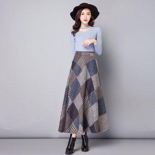 Plaid Woolen Maxi A-line Skirt