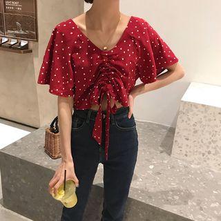 Dotted Drawstring Cropped Blouse