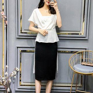 Set: Short-sleeve V-neck Blouse + Midi Pencil Skirt