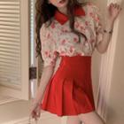 Set: Elbow-sleeve Floral Print Blouse + Mini A-line Pleated Skirt