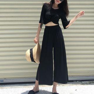 Set: Plain Elbow Sleeve Cropped T-shirt + Wide Leg Pants