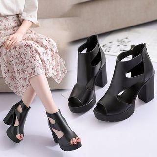 Faux Leather Block Heel Peep-toe Ankle Boots