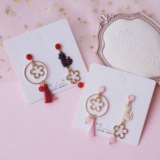 Asymmetrical Sakura And Cat Drop Earring