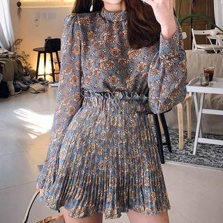 Set: Flower Print Blouse + High Waist A-line Skirt
