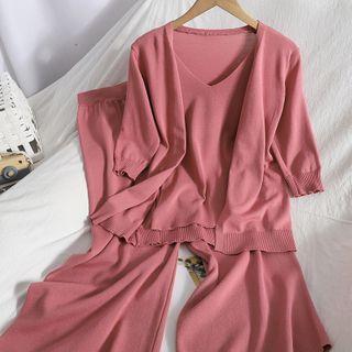 Set: Sleeveless Knit Top + Short-sleeve Cardigan + Wide Leg Pants