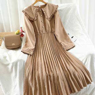 Collared Long-sleeve Accordion Pleat Midi A-line Dress