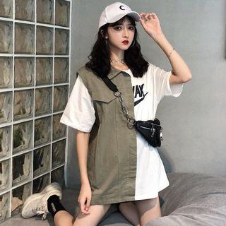 Mock Two-piece Elbow-sleeve Letter T-shirt As Shown In Figure - One Size
