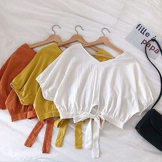 Plain V-neck Lace-up Loose-fit Blouse