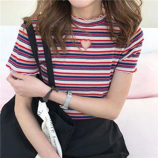 Heart Cut Out Striped Short Sleeve T-shirt