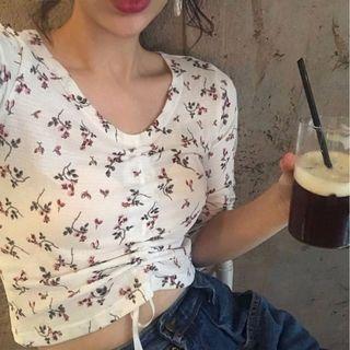 Elbow-sleeve Floral Cropped Top