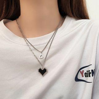 Heart Pendant Layered Necklace Necklace - Love Heart - Silver & Black - One Size