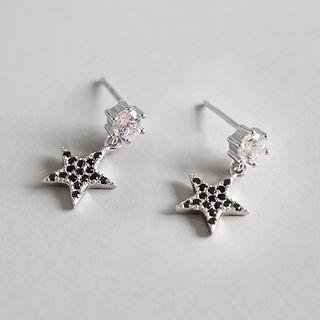 925 Sterling Silver Rhinestone Moon & Star Dangle Earring Platinum - One Size