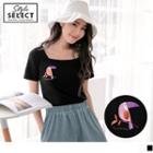 Short-sleeve Bird Embroidered Square Neck T-shirt