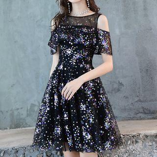 Short-sleeve Cold-shoulder Sequined Short Prom Dress