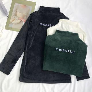 Lettering Embroidered Mock Neck Velvet Long-sleeve T-shirt
