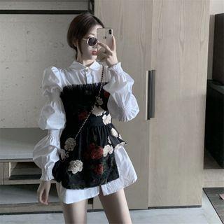 Puff-sleeve Mini Sheath Shirtdress / Strapless Floral Embroidered Irregular Mini Sheath Dress