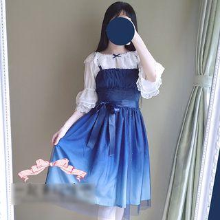 Elbow-sleeve Lace Trim Blouse / Mesh Panel Spaghetti Strap A-line Dress / Set